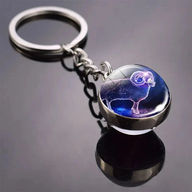 S12 Constellation Keychain – Luminous Double-Sided Zodiac Glass Ball Pendant for Men & Women