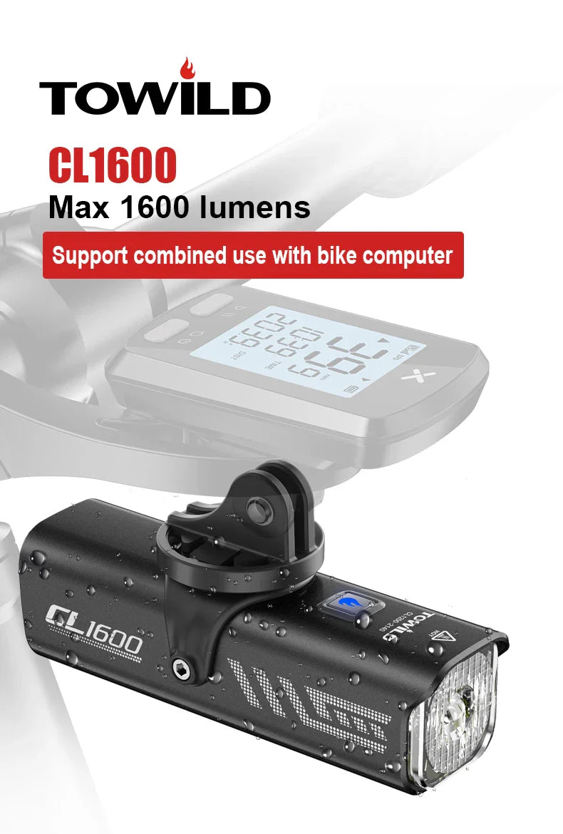 TOWILD 1600LM Bicycle Front Light — 5000mAh IPX6 Aluminum MTB & Road Bike Headlight with Type-C Charging
