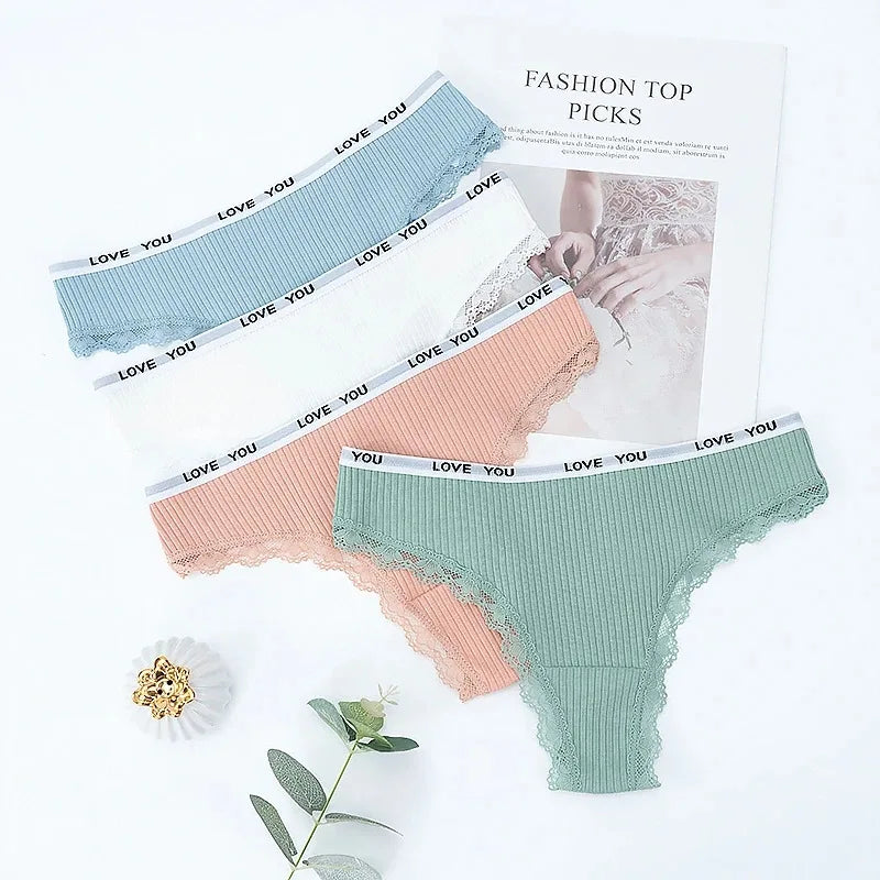 3Pcs Lace Thong Set - Women’s Low Waist Sexy Tanga Cotton Panties, T-Back Lingerie Underwear