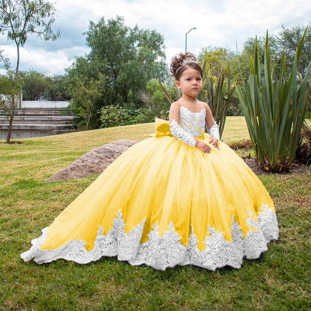 Flower Girl Wedding Dress - Long Sleeve Satin Bow Ball Gown for Toddlers & Girls