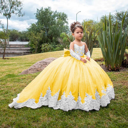 Flower Girl Wedding Dress - Long Sleeve Satin Bow Ball Gown for Toddlers & Girls