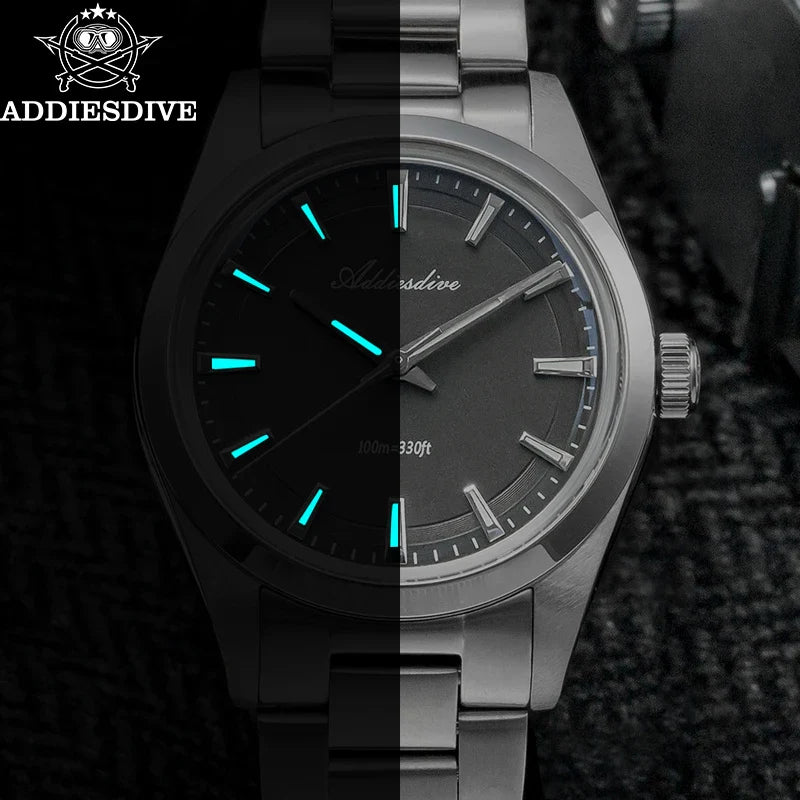 ADDIESDIVE 36MM Men's Stainless Steel Quartz Watch — Luxury Bubble Mirror Glass, 100M Waterproof Timepiece AD2066