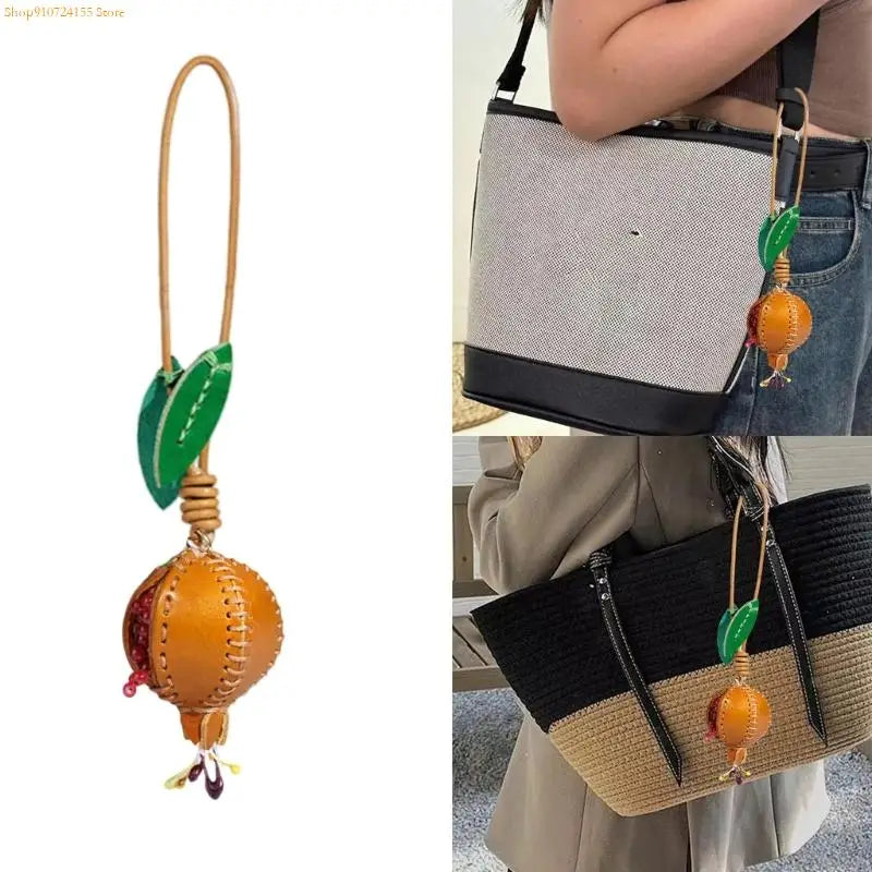 76HE Sturdy Leather Pomegranate Pendant – Fashionable Colorful Bag Charm & Keychain, Unique Handmade Accessory for Personalized Style