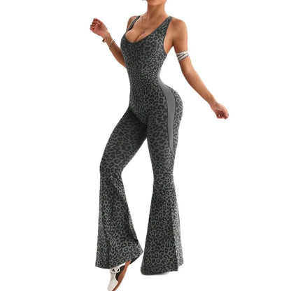 Women’s Seamless Leopard Yoga Jumpsuit – Padded Sleeveless One-Piece Gym Bodysuit Workout Sportswear Fitness Leggings Outfit