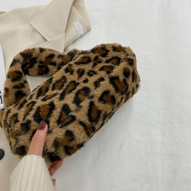 Leopard Plush Tote Bag - Soft Casual Underarm Shoulder Handbag for Women