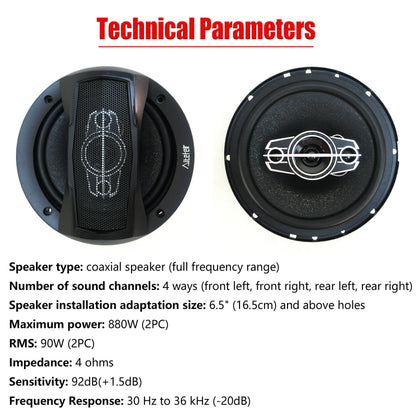 6.5 Inch 880W 4-Way Universal Car Coaxial Speakers - Full Range HiFi Stereo with Non-Destructive Installation