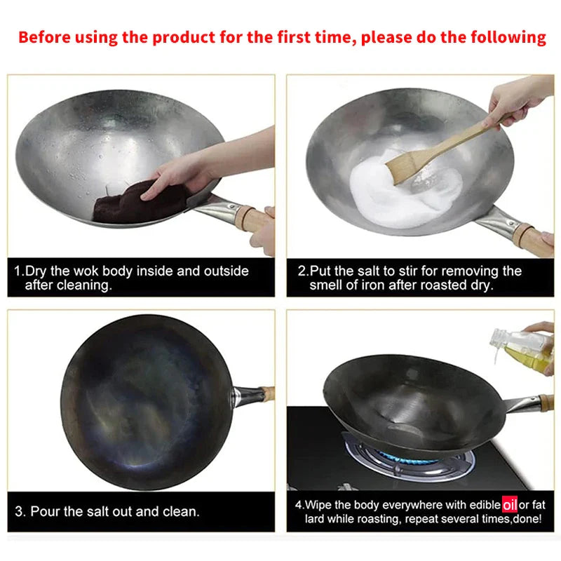 30cm Traditional Hand-Forged Iron Frying Pan, Non-Coated with Wooden Handle, Old-Style Household Cookware