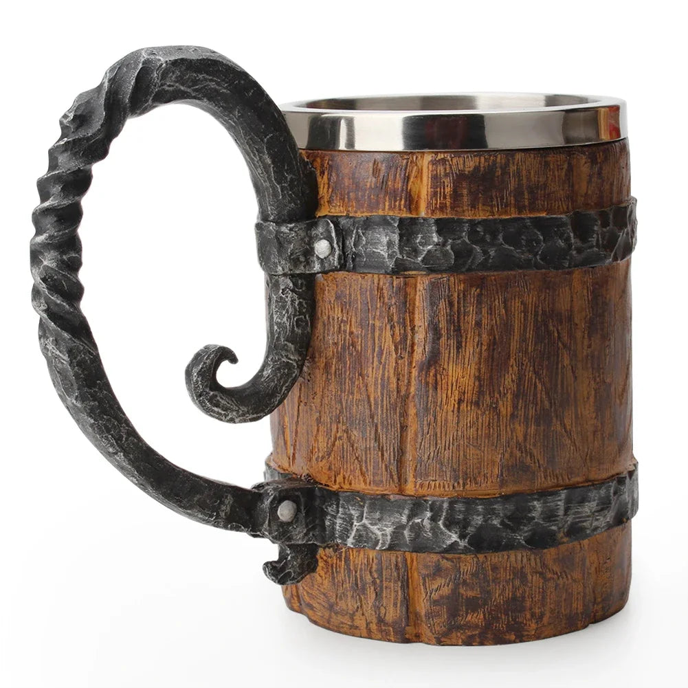 Viking-Style Wooden Beer Mug – Insulated Metal Barrel Cup for Drinks (1PCS)