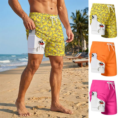 Men's Funny Duck Print Swim Shorts - Quick-Dry 2-in-1 Beach Board Shorts with Phone Pocket