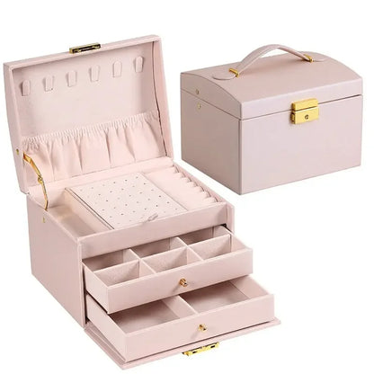 Multi-Functional Three-Layer Leather Jewelry Box – Drawer Style Organizer with Lock for Earrings