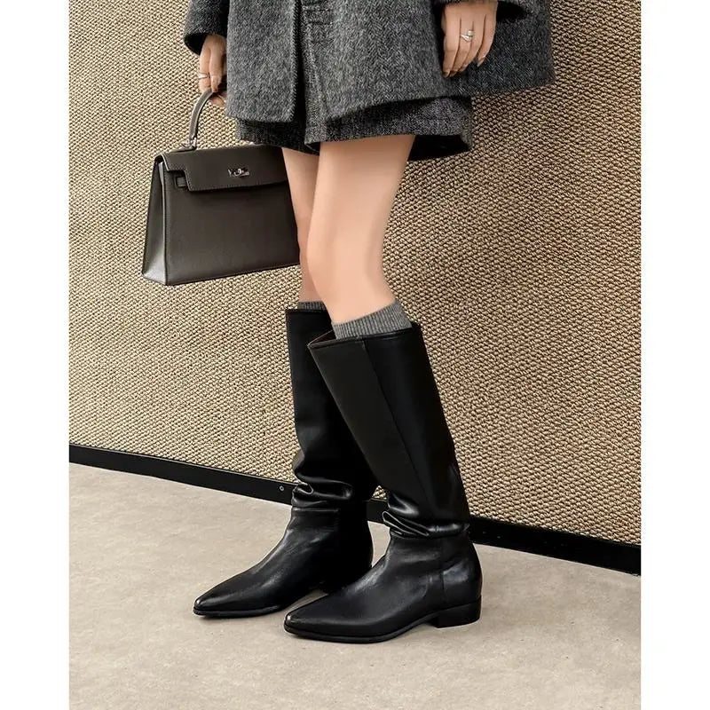 MORAZORA Women’s Cow Suede Knee-High Boots – Pointed Toe, Low Square Heel, Autumn Winter Long Boots, Size 34-41