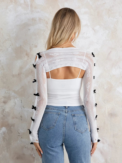 Women’s Lace Shrug Crop Top – Open Front Fishnet Arm Sleeves with Finger Hole Gothic Y2K Kawaii Retro Aesthetic Gloves