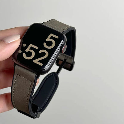 Leather Strap for Apple Watch – Compatible with Series 5-10, Ultra, SE, 40-49mm, Men’s Silicone & Leather iWatch Band