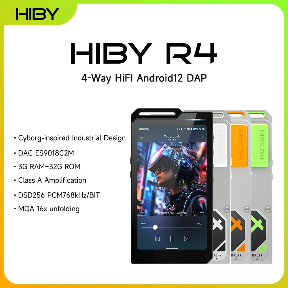 HiBy R4 HiFi Music Player — Android 12 MP3 Audio Player with ES9018Q2M×4, Bluetooth, WiFi, DSD256, MQA, USB DAC, Headphone AMP, 4.7" OPA1652, 11hr Playtime