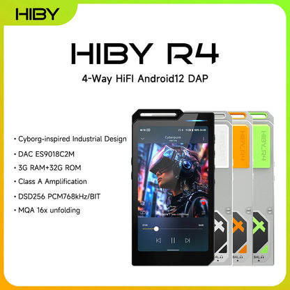 HiBy R4 HiFi Music Player — Android 12 MP3 Audio Player with ES9018Q2M×4, Bluetooth, WiFi, DSD256, MQA, USB DAC, Headphone AMP, 4.7" OPA1652, 11hr Playtime