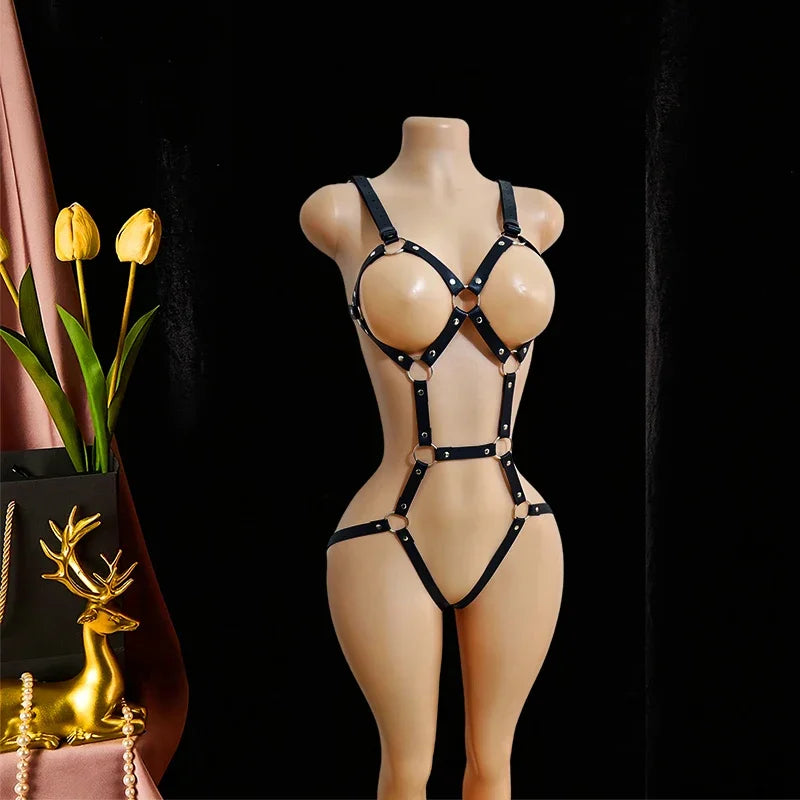 Women Black PU Leather Punk Lace-Up Bodysuit – Adjustable One-Piece Tight-Fit Fashion Harness Accessory