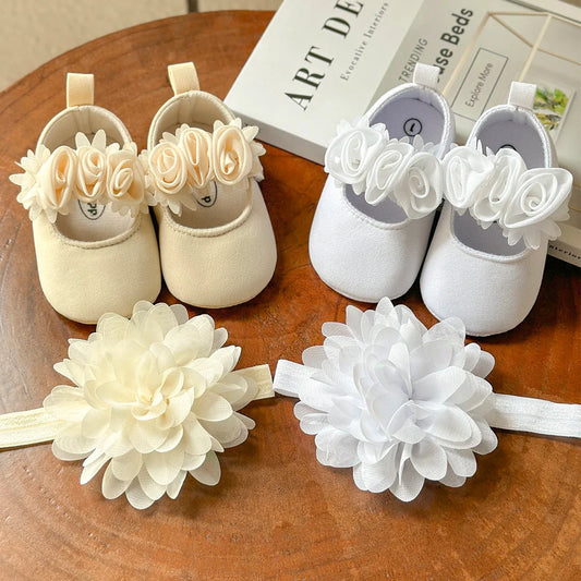 Baby Girls Flat Shoes with Flower Decor & Matching Headband – Princess Crib First Walker Shoes for Newborns and Infants