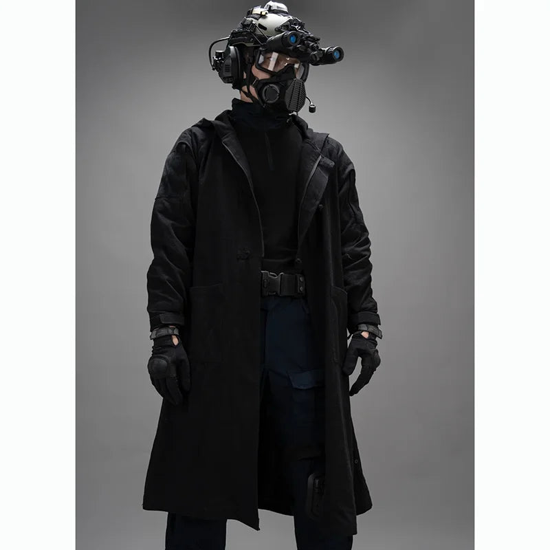 Polyester-Cotton Long Tactical Trench Coat – Hooded Outdoor Hunting & Cosplay Jacket