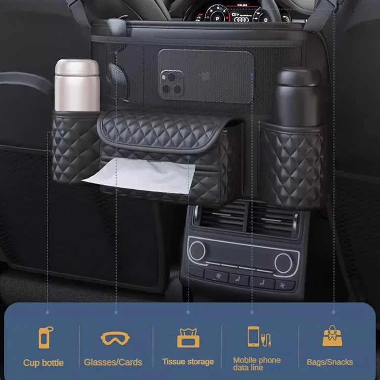Car Seat Middle Hanger Storage Bag – Luxury Auto Handbag Holder, Tissue Pockets, and Seat Organization Bag