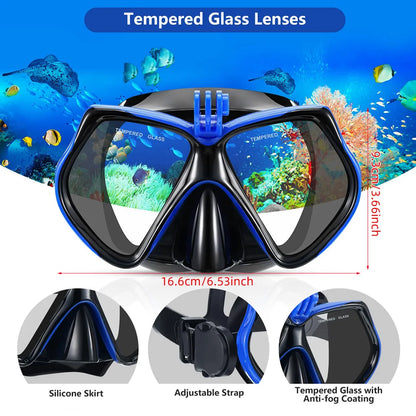 Professional Diving Mask with GoPro Mount - Tempered Glass Swimming Goggles, Dry Snorkel Tube for Underwater Sports - Suitable for Adults and Youth