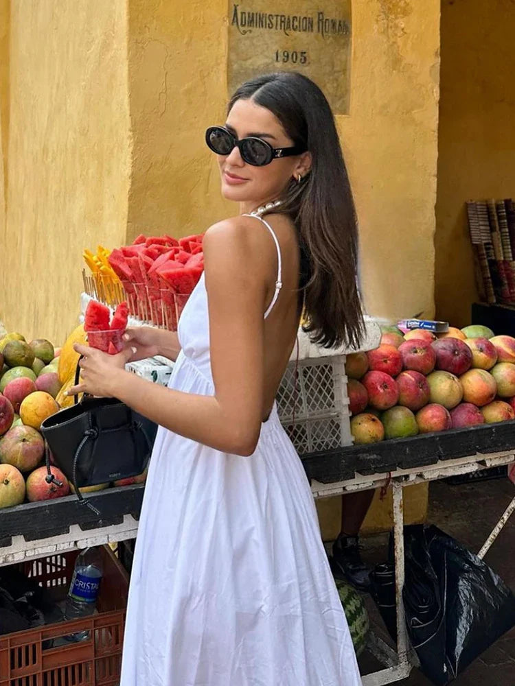 Summer Seduction: Sleeveless V Neck Midi Dress - Sexy Backless Style,  Fashion for Women, Casual Loose Beach Holiday White Long Dress