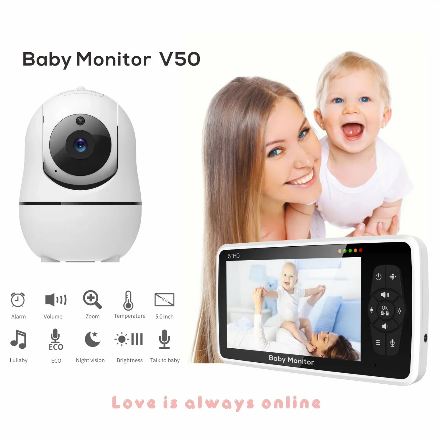 5 Inch Video Baby Monitor with Camera & Audio – 4X Zoom, 1000ft Range, 2-Way Talk, Temperature Sensor & Lullabies, Long Battery Life
