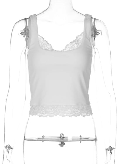 Women’s Y2K Lace Ruffle Backless Tank Top – Slim Fit Square Neck Sexy Party & Vacation Summer Fashion Crop Top