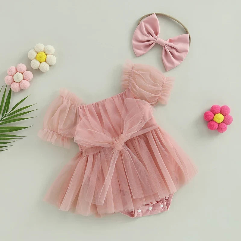 Baby Girl Princess Tulle Romper - Puff Sleeve Birthday Jumpsuit with Headband, 0–24 Months