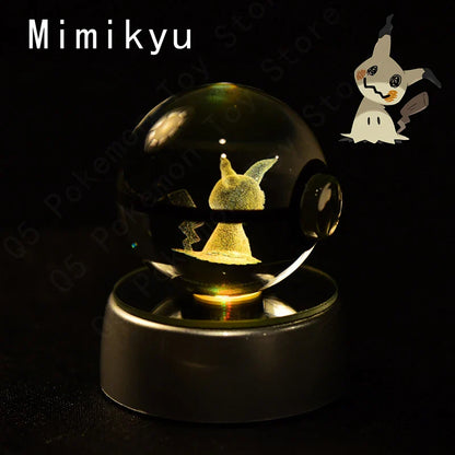 Pokemon 3D Crystal Ball Figurine — Pikachu, Gengar, Mew, Mewtwo Glass Statue with Lamp Base, Kids Birthday Gift