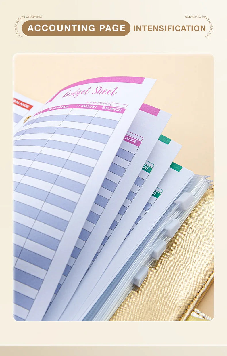 A6 Gold Ring Budget Planner Binder – Gold, Purple & Black with Zipper Cash Envelopes for Money Organization