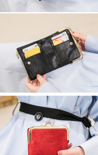 MIYIN Women’s Small Wallet – RFID Compact Bifold Leather Coin Purse with Zipper & Kiss Lock, Vintage Design