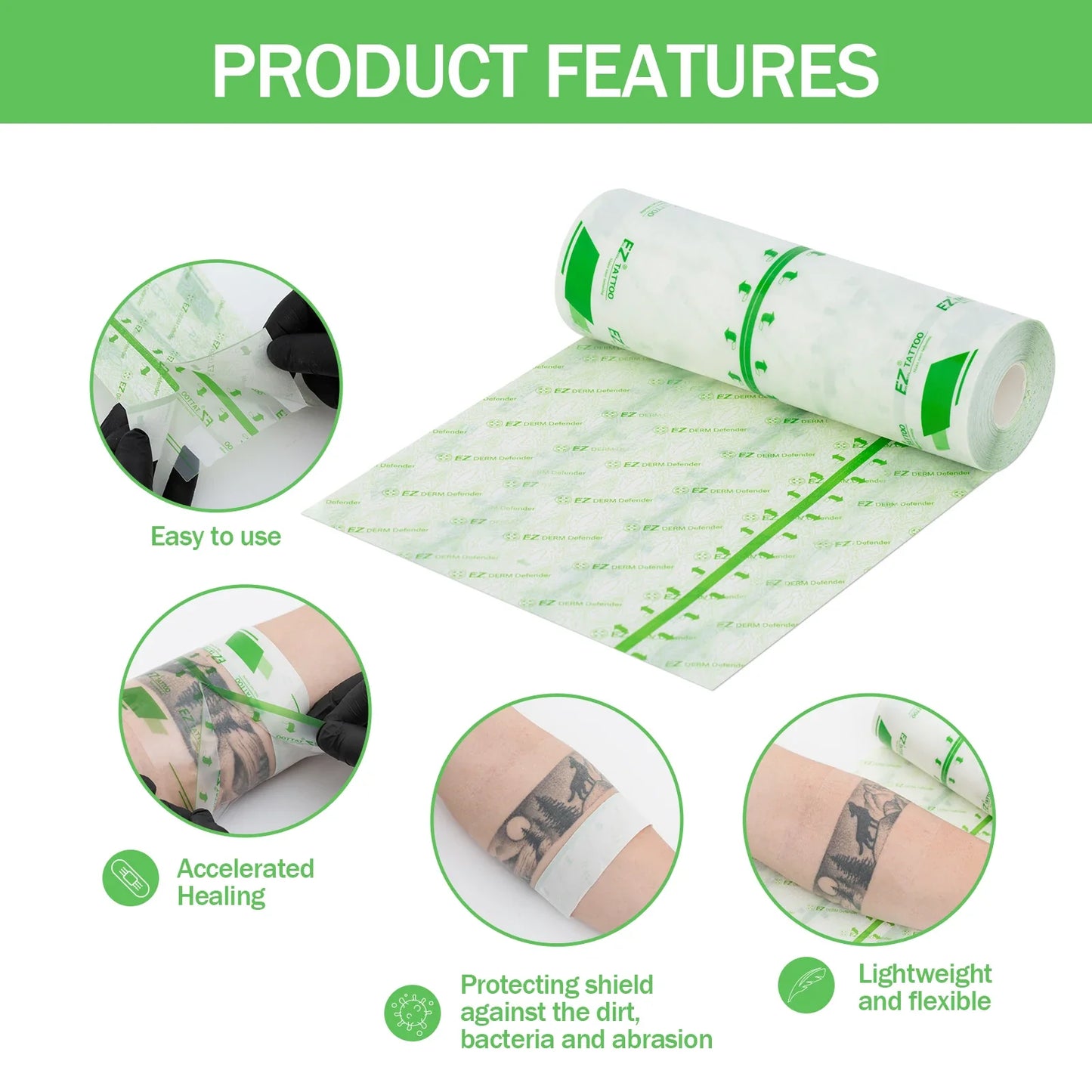 EZ Premium Derm Defender Tattoo Film – Clear Adhesive Protective Shield for Aftercare & Tattoo Healing