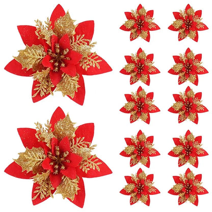 5/10PCS 14.5cm Christmas Flower Ornaments | Pink, Red, Gold Glitter Artificial Flowers for Tree & Home Xmas Decoration