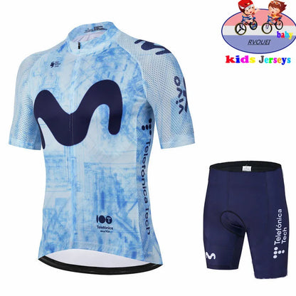 Kids Cycling Jersey Set - Baby Movistar Team Style Road Bike Shirt and Pants Suit for Boys and Girls MTB Riding