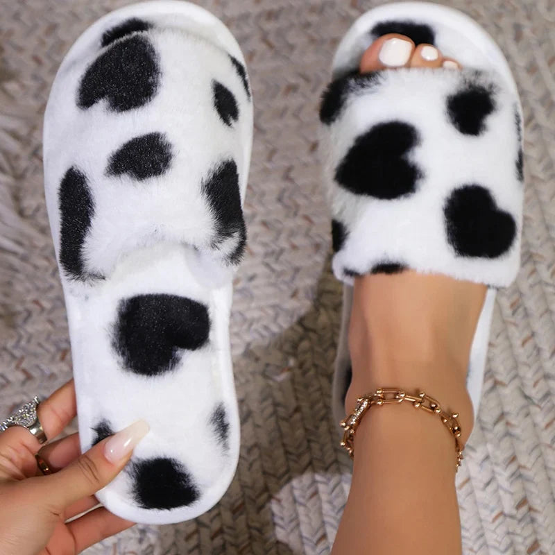 Women’s Fuzzy Heart Indoor Slippers – Warm Fluffy Open-Toe Non-Slip House Shoes for Winter