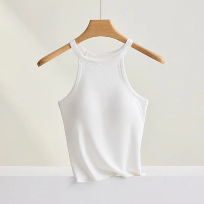 Women’s Threaded Halter Neck Camisole Top – Built-in Bra Slim Fit Elastic Breathable Sling Tank Top with Fixed Cups Underwear Style Basic Wear