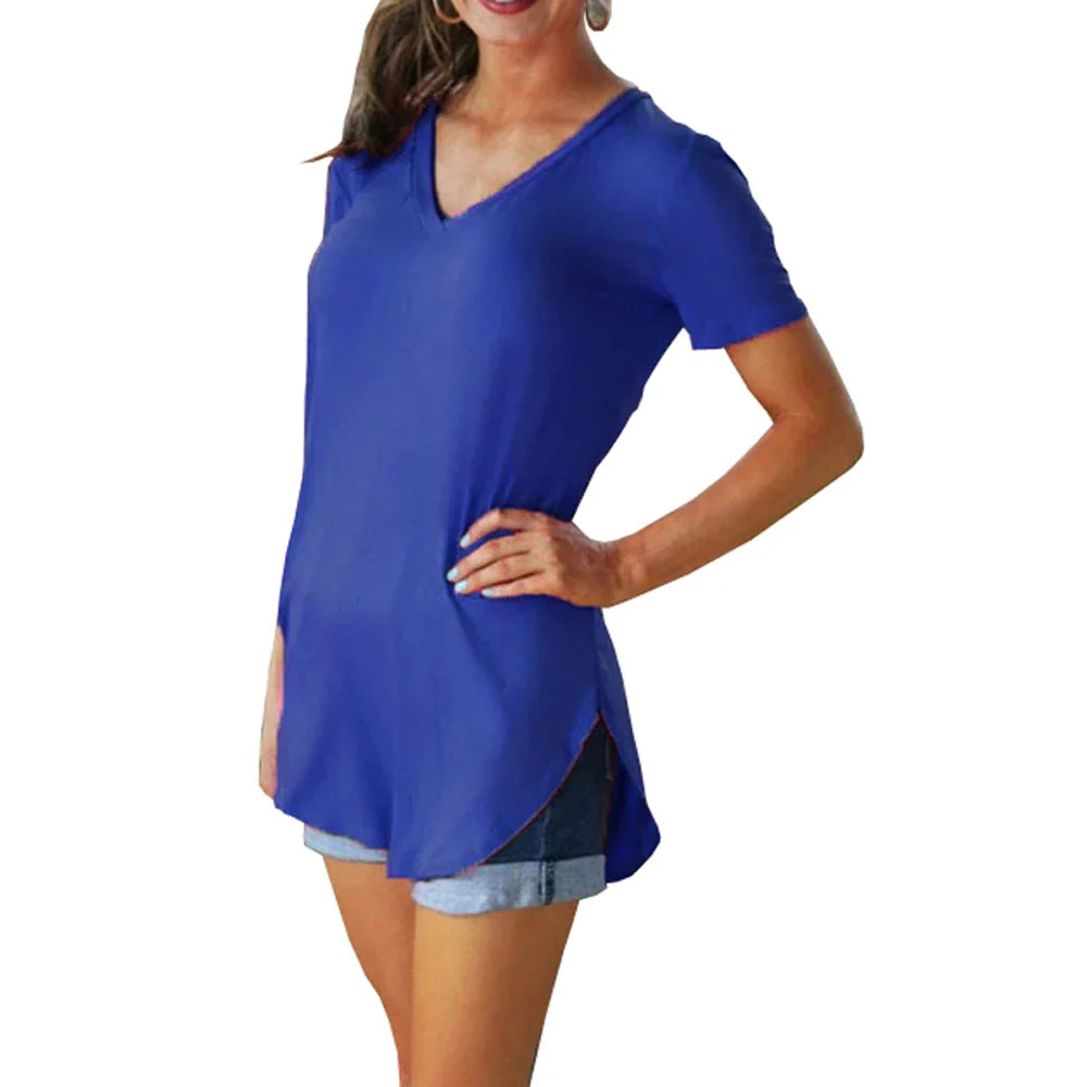 Women’s Summer V-Neck Blouse – Short Sleeve Loose Solid Color T-Shirt with Curved Hem
