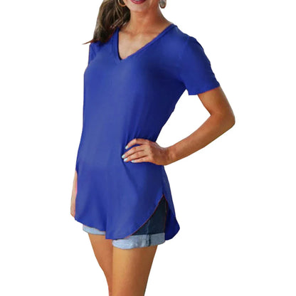 Women’s Summer V-Neck Blouse – Short Sleeve Loose Solid Color T-Shirt with Curved Hem