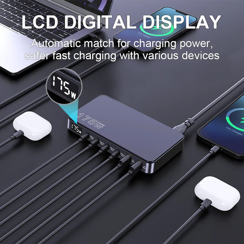 Ueetop 175W GaN USB-C Charger – 6-Port Desktop Charger with LED Display, PD 100W, PPS 45W Fast Charging for MacBook, Samsung, iPhone
