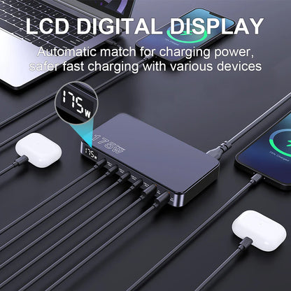 Ueetop 175W GaN USB-C Charger – 6-Port Desktop Charger with LED Display, PD 100W, PPS 45W Fast Charging for MacBook, Samsung, iPhone