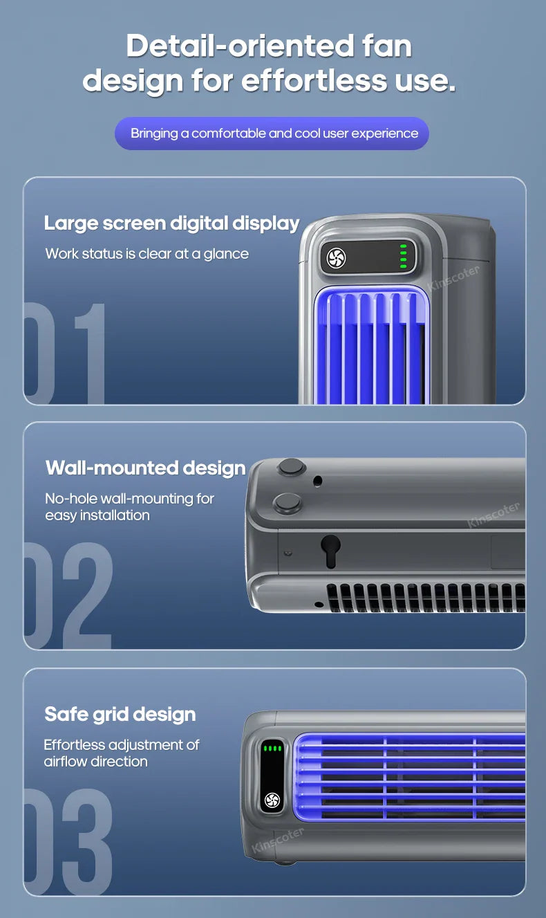 KINSCOTER Portable Air Conditioner Fan – 2000mAh Quiet Desktop Tower Fan, Wall-Mountable Non-Drilling Circulating Fan with 3 Adjustable Speeds