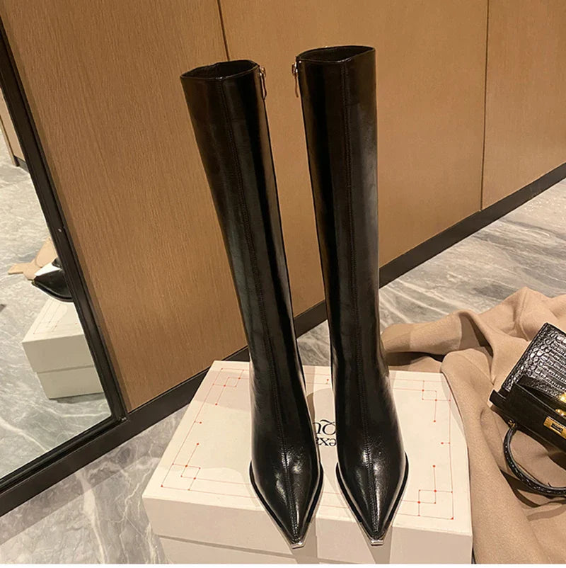 Pointed Toe Women's High Boots – Fashionable Side Zipper Long Booties, Elegant Party High Heel Shoes for Winter