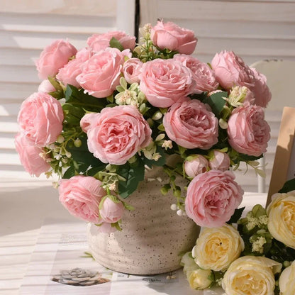 30cm Rose Pink Peony Silk Bouquet Artificial Flower, 5 Big Heads & 4 Small Buds for Wedding & Home Decor