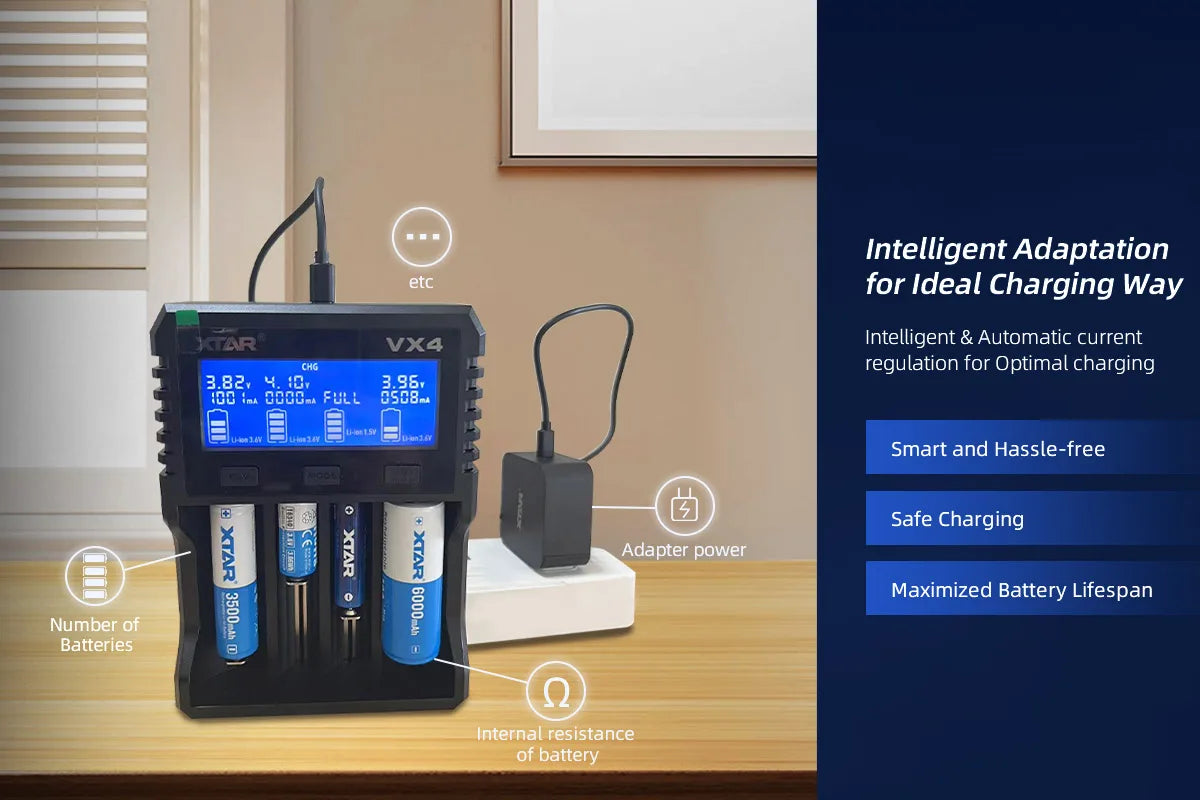 XTAR VX4 20W Fast Battery Charger with LED Display – 18650, AAA/AA, Li-ion, NiMH, LiFePO4 Charger & Capacity Tester
