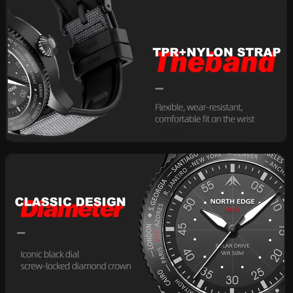 NORTH EDGE MACH 2024 Solar Powered Men's Watch – Dual Time Zone Waterproof Pilot Watch with TPR Nylon Strap