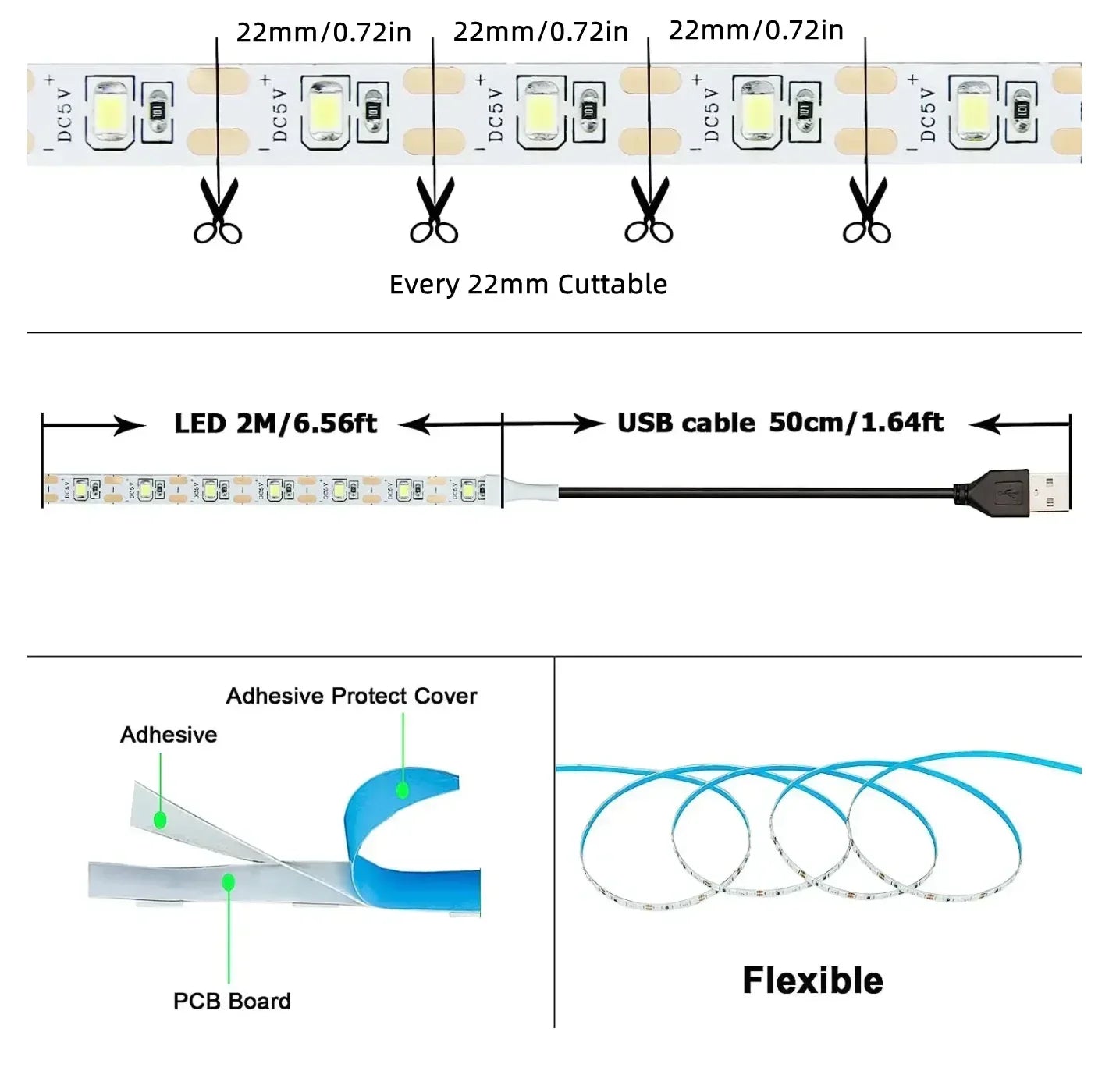 DC 5V USB LED Strip Light 2835 White & Warm White Flexible Tape Light for TV Backlight Home Decor and Ambient Lighting 1–5m
