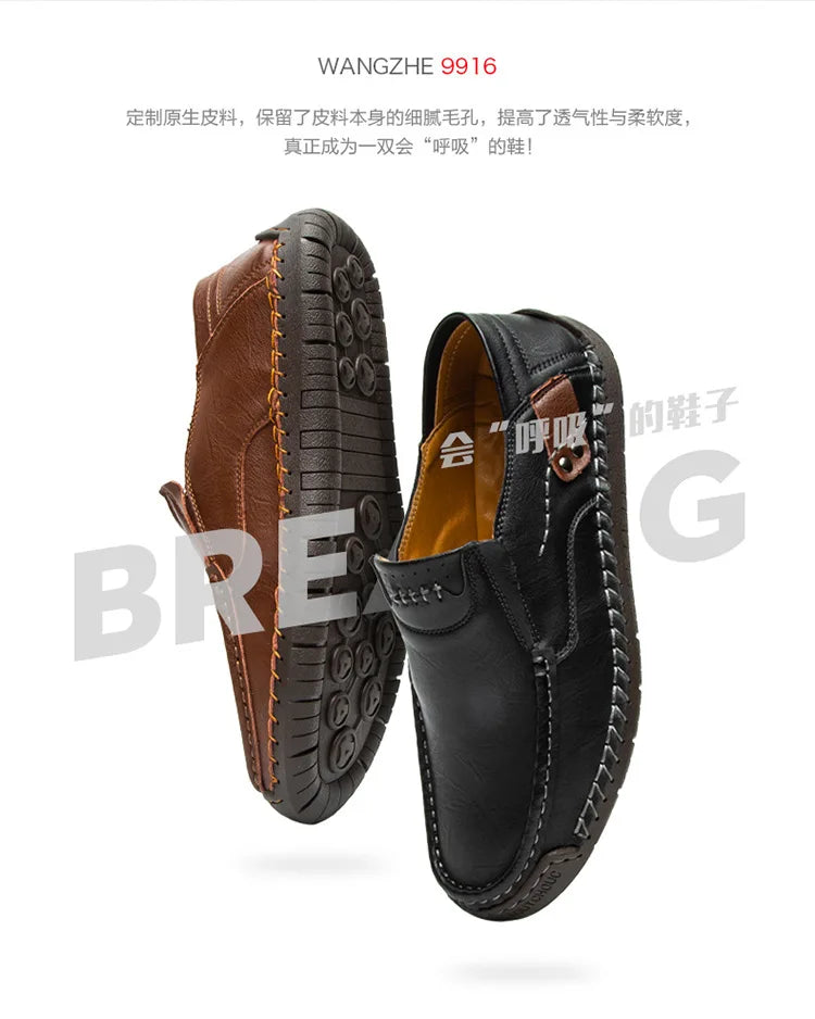 Handmade Leather Men’s Loafers – Casual Slip-On Flats, Comfortable Outdoor Walking Shoes