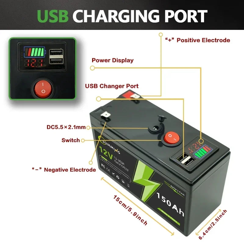 LiFePO4 12V 150Ah Rechargeable Lithium Battery – Built-in BMS, Ideal for Ride-On Toys, Solar Panels, Fish Finders & Power Wheels