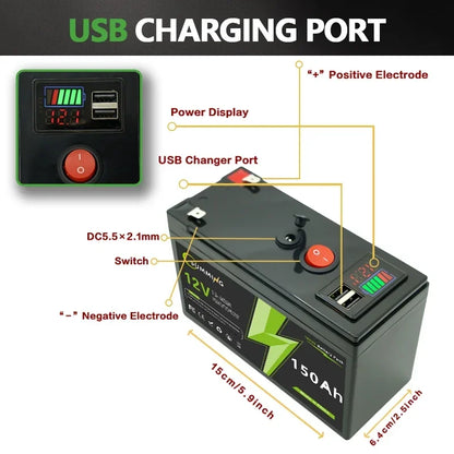 LiFePO4 12V 150Ah Rechargeable Lithium Battery – Built-in BMS, Ideal for Ride-On Toys, Solar Panels, Fish Finders & Power Wheels