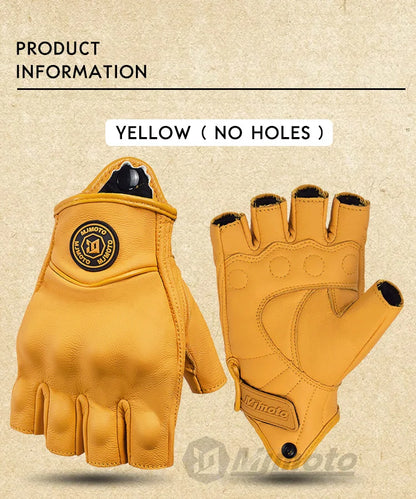 MJMOTO Retro Leather Motorcycle Half Finger Gloves – Touchscreen Motocross Gloves with Hard Shell Protection, Breathable Design
